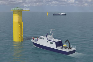 Support vessel approaching an Offshore energy installation.